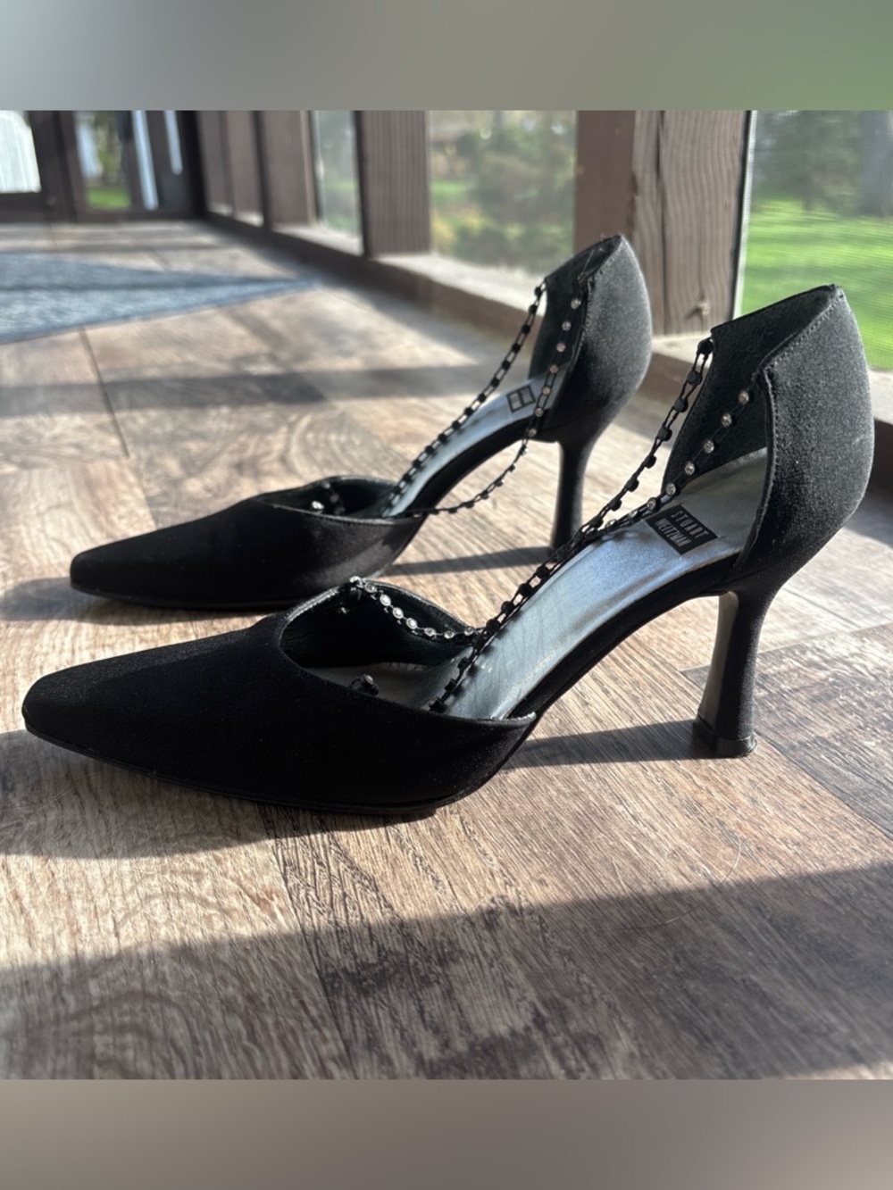 Vintage Stuart Weitzman Black Beaded D'Orsay Pointed Toe Heels. Minimal fraying